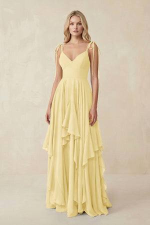 Cami Strap Ruffled A - Line Chiffon Bridesmaid Dress in Pastel Yellow - SHE IS ME Bridesmaid Dresses