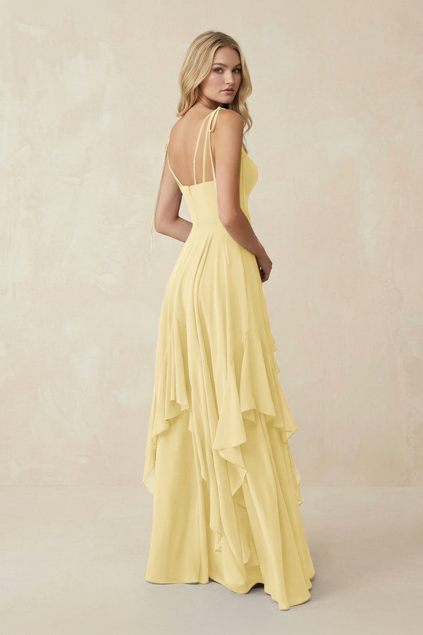 Cami Strap Ruffled A - Line Chiffon Bridesmaid Dress in Pastel Yellow - SHE IS ME Bridesmaid Dresses