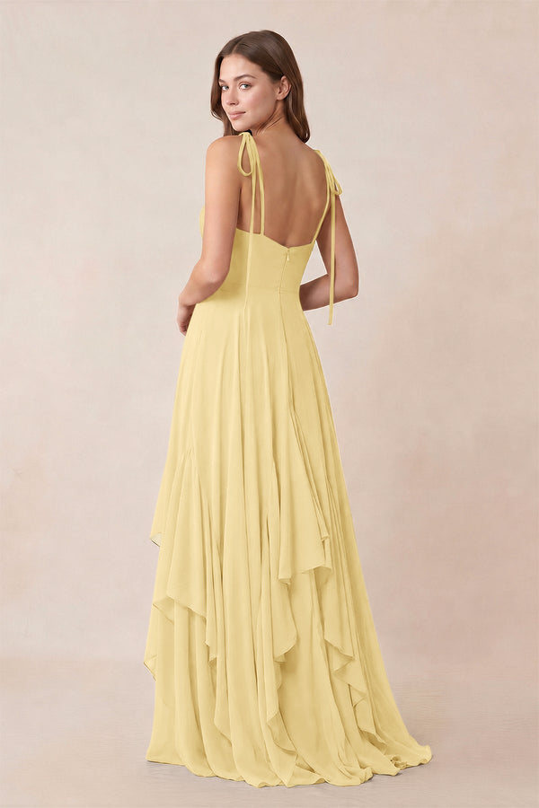 Cami Strap Ruffled A - Line Chiffon Bridesmaid Dress in Pastel Yellow - KISS BRIDAL Bridesmaid Dresses