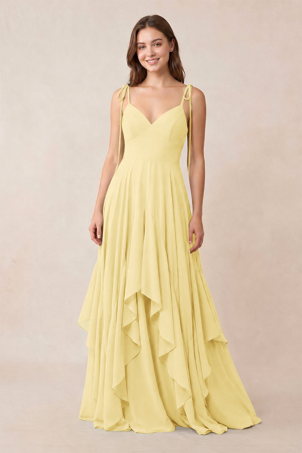 Cami Strap Ruffled A-Line Chiffon Bridesmaid Dress in Pastel Yellow