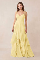 Cami Strap Ruffled A - Line Chiffon Bridesmaid Dress in Pastel Yellow - KISS BRIDAL Bridesmaid Dresses
