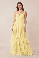 Cami Strap Ruffled A - Line Chiffon Bridesmaid Dress in Pastel Yellow - KISS BRIDAL Bridesmaid Dresses