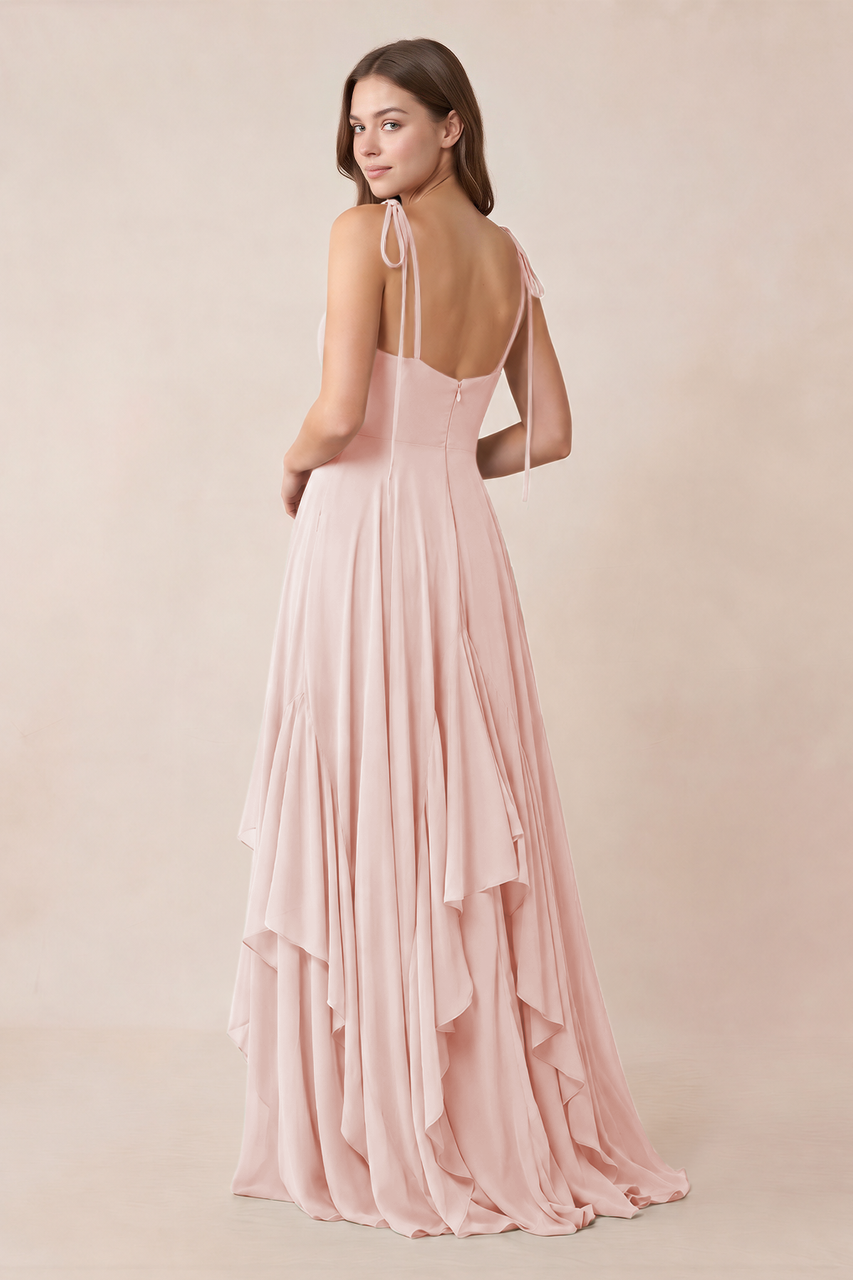 Cami Strap Ruffled A-Line Chiffon Bridesmaid Dress in Rose Petal