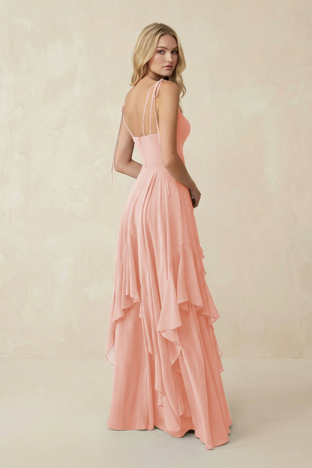 Cami Strap Ruffled A - Line Chiffon Bridesmaid Dress in Rose Petal - KISS BRIDAL Bridesmaid Dresses