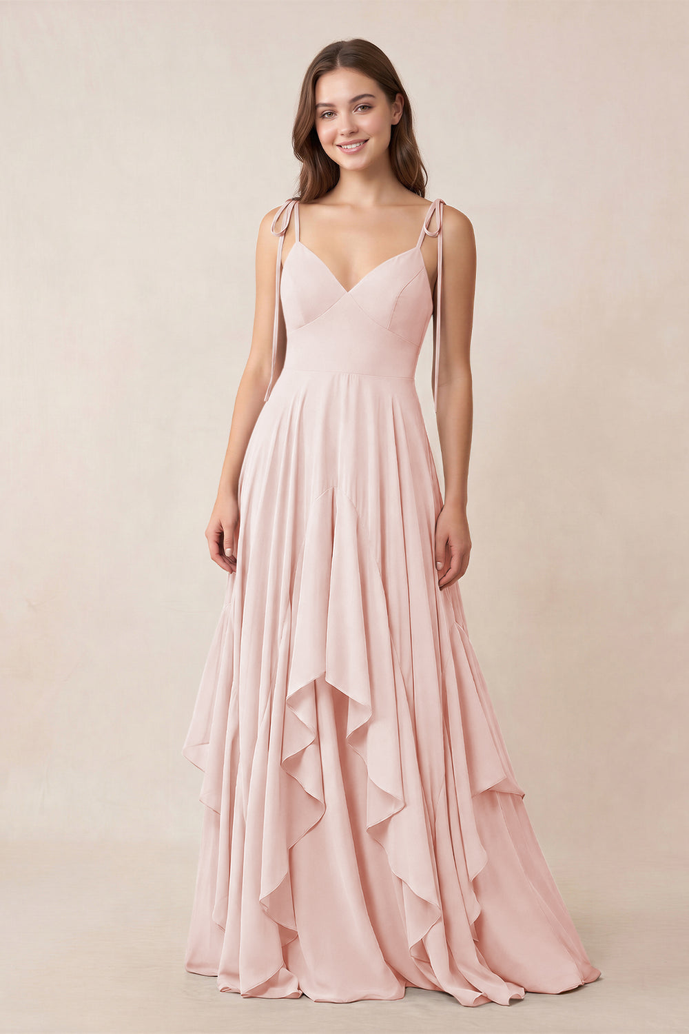Cami Strap Ruffled A-Line Chiffon Bridesmaid Dress in Rose Petal