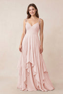 Cami Strap Ruffled A-Line Chiffon Bridesmaid Dress in Rose Petal | KISSBRIDAL