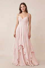 Cami Strap Ruffled A-Line Chiffon Bridesmaid Dress in Rose Petal | KISSBRIDAL