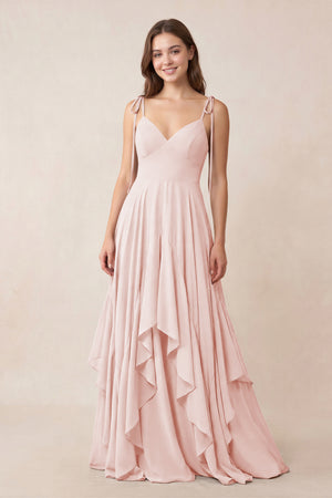 Cami Strap Ruffled A-Line Chiffon Bridesmaid Dress in Rose Petal | KISSBRIDAL