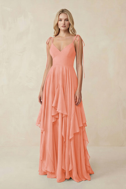 Cami Strap Ruffled A - Line Chiffon Bridesmaid Dress in Rosette - SHE IS ME Bridesmaid Dresses