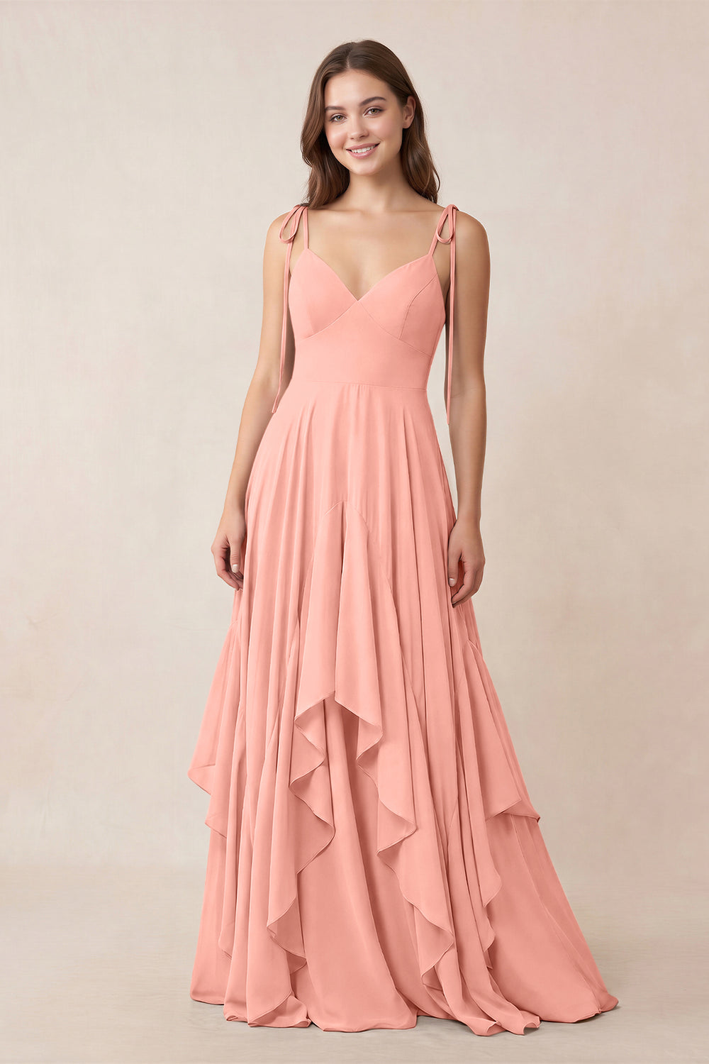 Cami Strap Ruffled A-Line Chiffon Bridesmaid Dress in Rosette