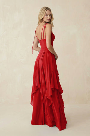 Cami Strap Ruffled A - Line Chiffon Bridesmaid Dress in Ruby Red - SHE IS ME Bridesmaid Dresses