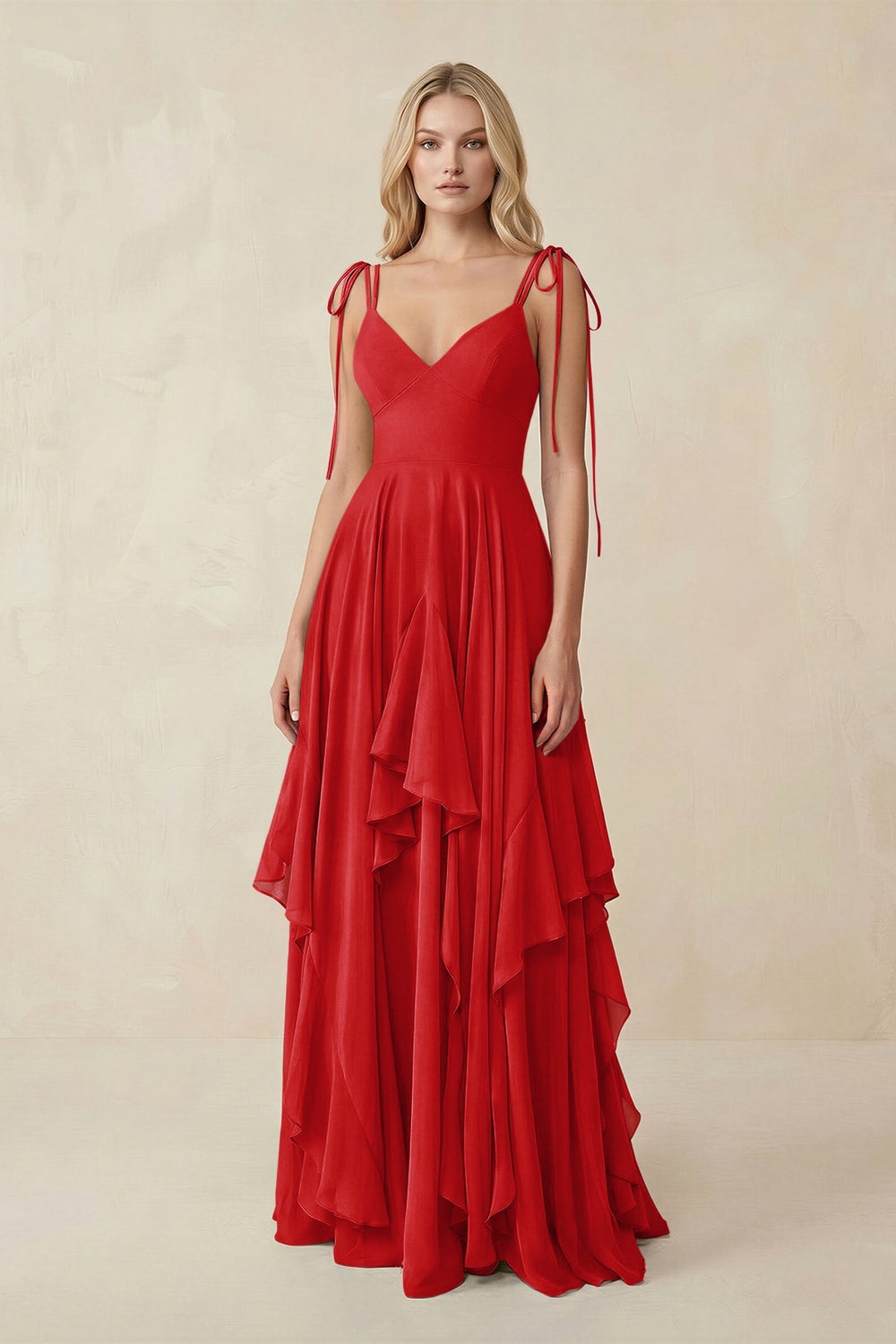 Cami Strap Ruffled A - Line Chiffon Bridesmaid Dress in Ruby Red - KISS BRIDAL Bridesmaid Dresses