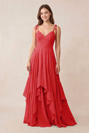 Cami Strap Ruffled A - Line Chiffon Bridesmaid Dress in Ruby Red - KISS BRIDAL Bridesmaid Dresses