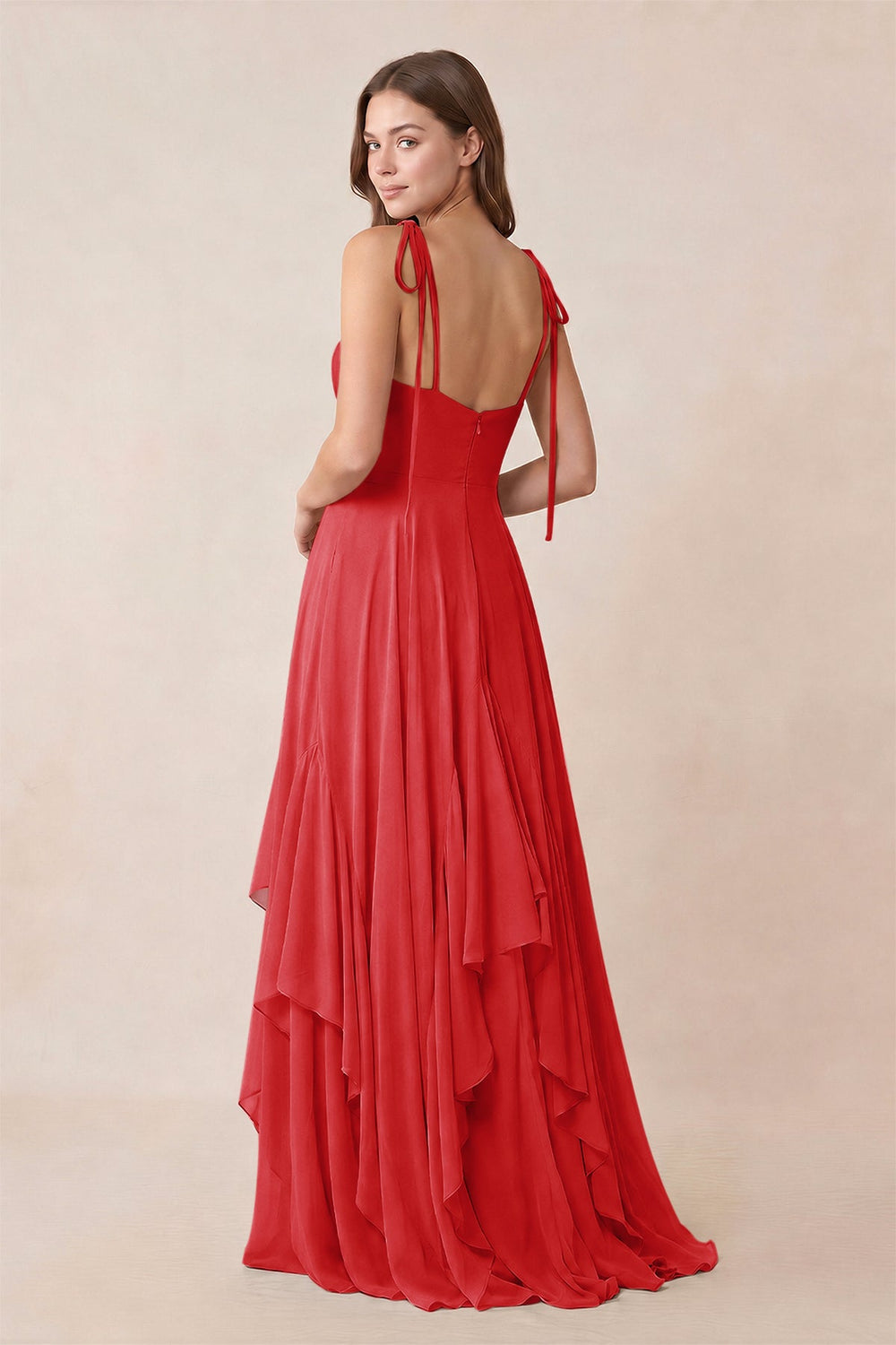 Cami Strap Ruffled A-Line Chiffon Bridesmaid Dress in Ruby Red
