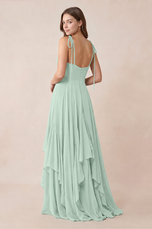 Cami Strap Ruffled A-Line Chiffon Bridesmaid Dress in Sage (2) | KISSBRIDAL