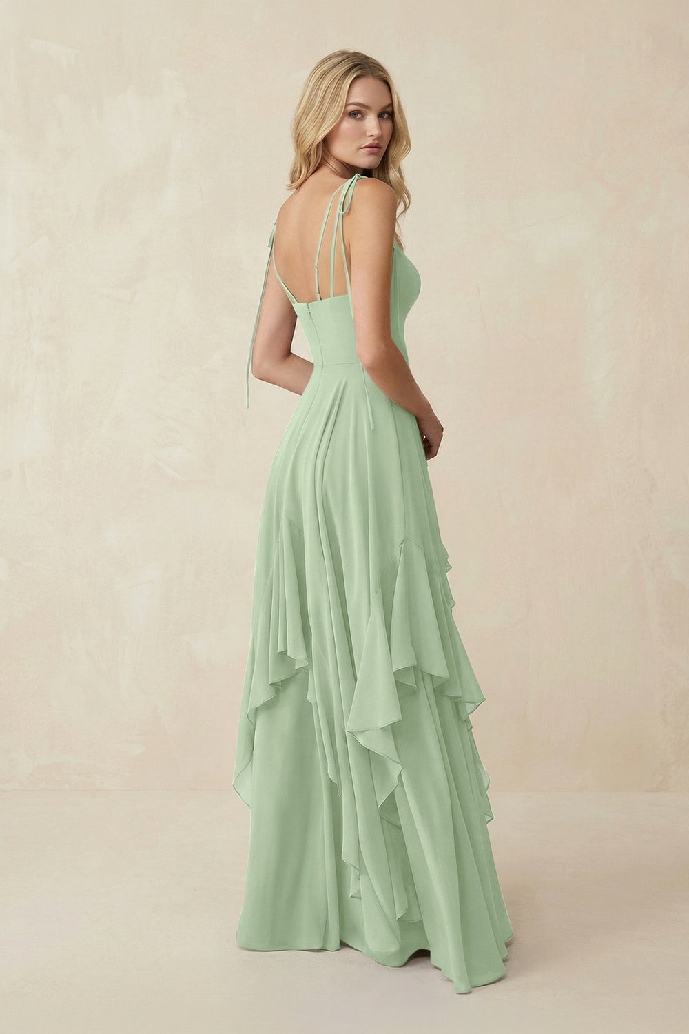 Cami Strap Ruffled A - Line Chiffon Bridesmaid Dress in Sage - KISS BRIDAL Bridesmaid Dresses