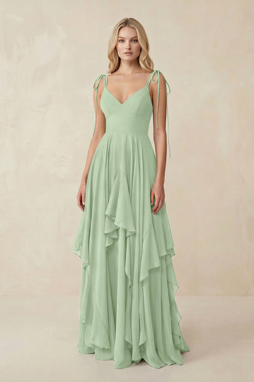 Cami Strap Ruffled A - Line Chiffon Bridesmaid Dress in Sage - SHE IS ME Bridesmaid Dresses