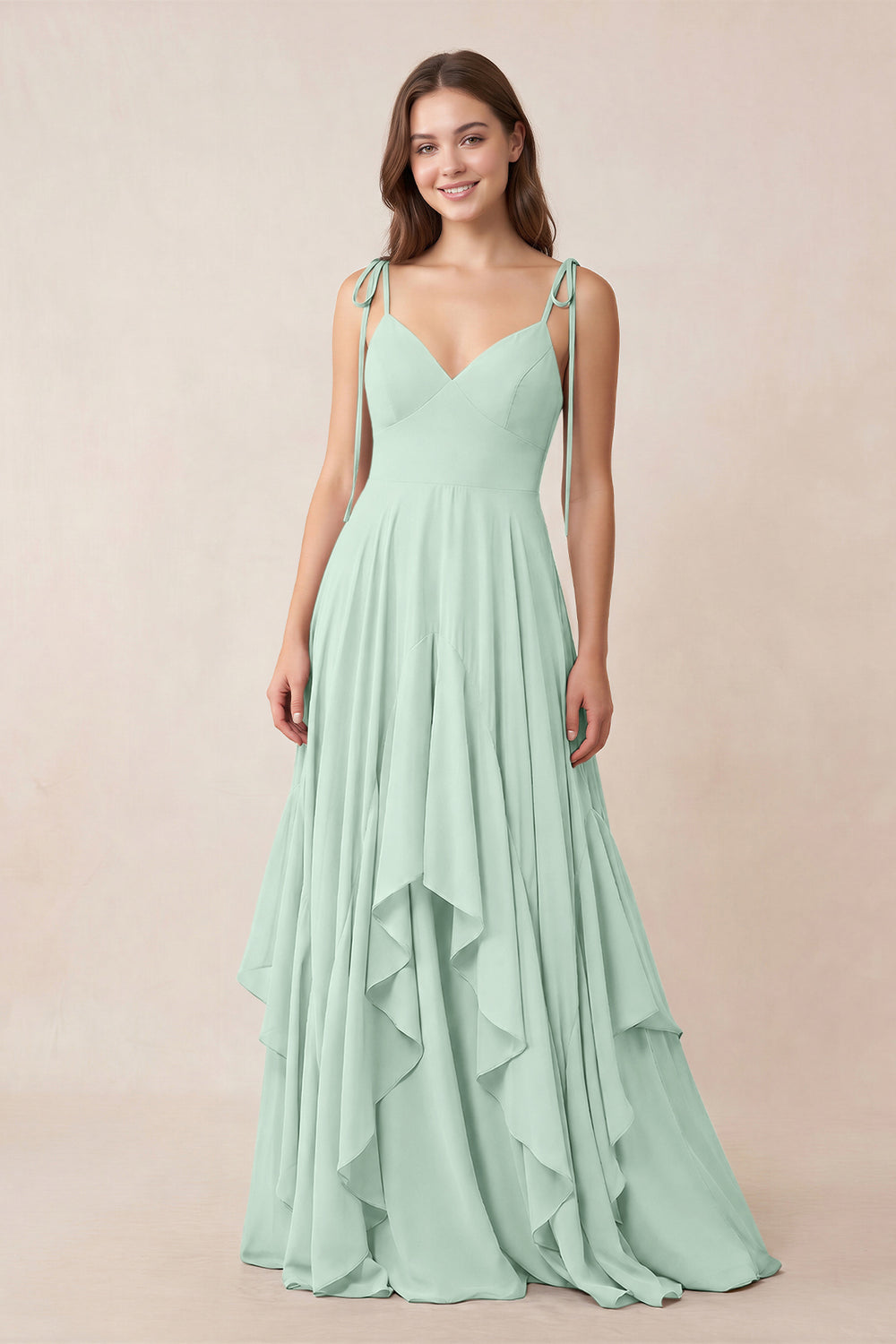 Cami Strap Ruffled A-Line Chiffon Bridesmaid Dress in Sage