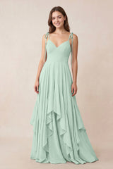 Cami Strap Ruffled A-Line Chiffon Bridesmaid Dress in Sage | KISSBRIDAL