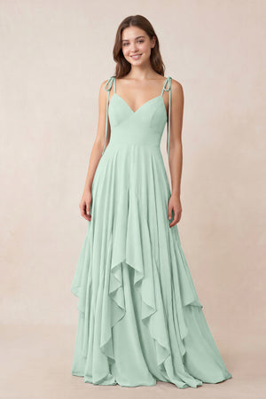 Cami Strap Ruffled A-Line Chiffon Bridesmaid Dress in Sage | KISSBRIDAL