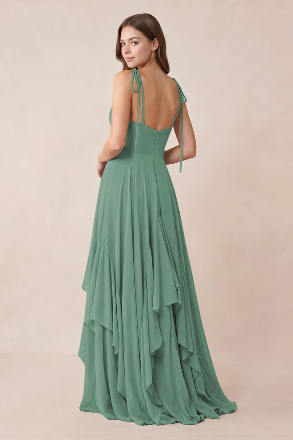 Cami Strap Ruffled A-Line Chiffon Bridesmaid Dress in Sea Glass (2) | KISSBRIDAL