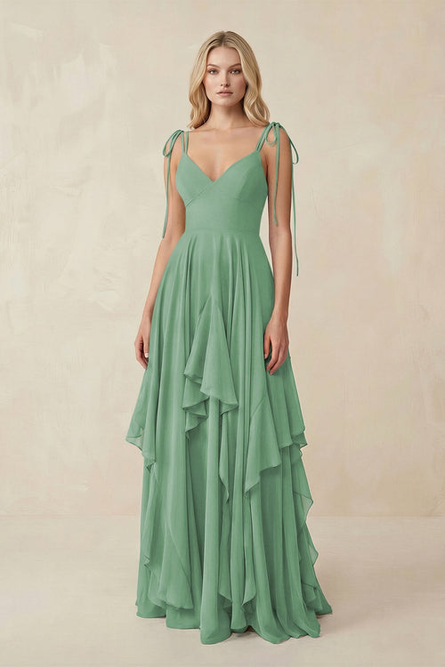 Cami Strap Ruffled A - Line Chiffon Bridesmaid Dress in Sea Glass - SHE IS ME Bridesmaid Dresses