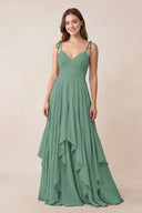 Cami Strap Ruffled A-Line Chiffon Bridesmaid Dress in Sea Glass | KISSBRIDAL