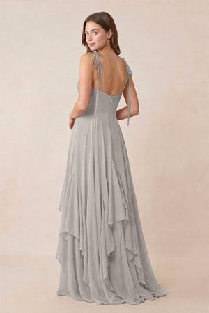 Cami Strap Ruffled A - Line Chiffon Bridesmaid Dress in Silver - KISS BRIDAL Bridesmaid Dresses