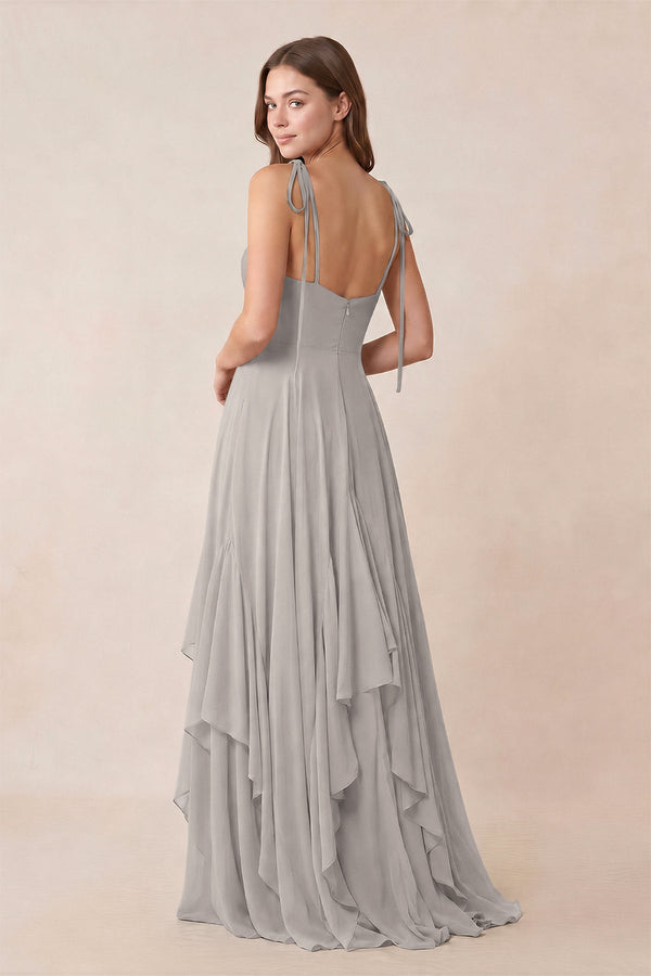 Cami Strap Ruffled A - Line Chiffon Bridesmaid Dress in Silver - KISS BRIDAL Bridesmaid Dresses