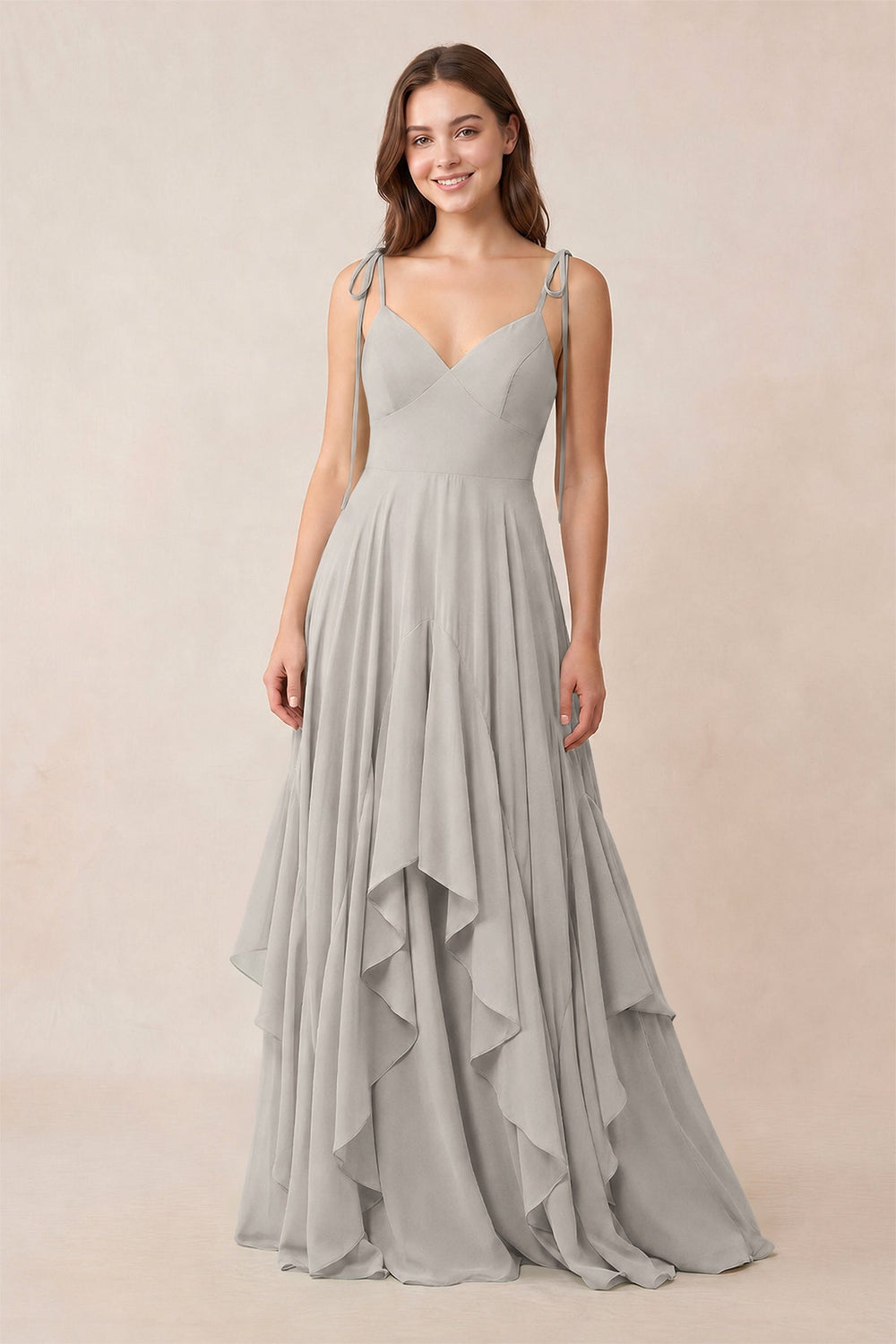 Cami Strap Ruffled A-Line Chiffon Bridesmaid Dress in Silver