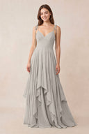 Cami Strap Ruffled A - Line Chiffon Bridesmaid Dress in Silver - KISS BRIDAL Bridesmaid Dresses
