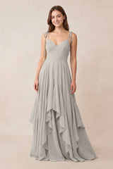 Cami Strap Ruffled A - Line Chiffon Bridesmaid Dress in Silver - KISS BRIDAL Bridesmaid Dresses