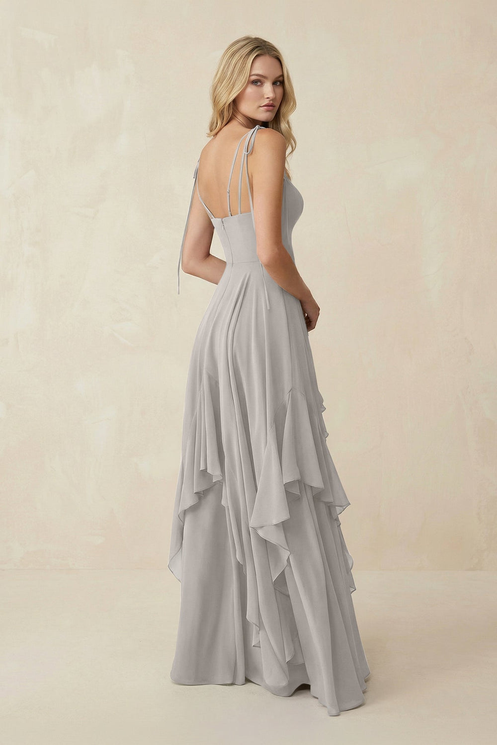 Cami Strap Ruffled A - Line Chiffon Bridesmaid Dress in Silver - KISS BRIDAL Bridesmaid Dresses