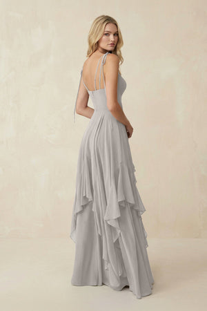 Cami Strap Ruffled A - Line Chiffon Bridesmaid Dress in Silver - SHE IS ME Bridesmaid Dresses