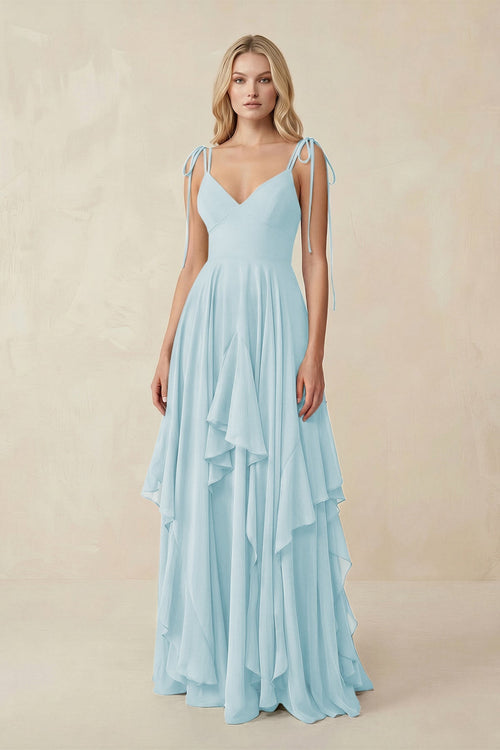 Cami Strap Ruffled A - Line Chiffon Bridesmaid Dress in Sky Blue - SHE IS ME Bridesmaid Dresses