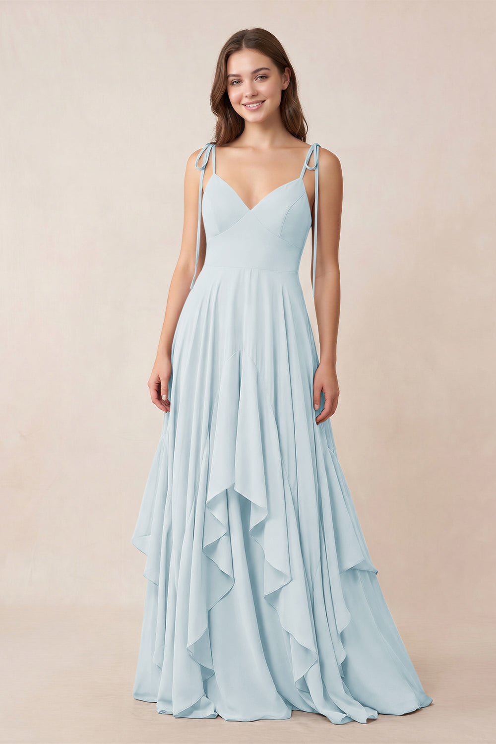 Cami Strap Ruffled A-Line Chiffon Bridesmaid Dress in Sky Blue