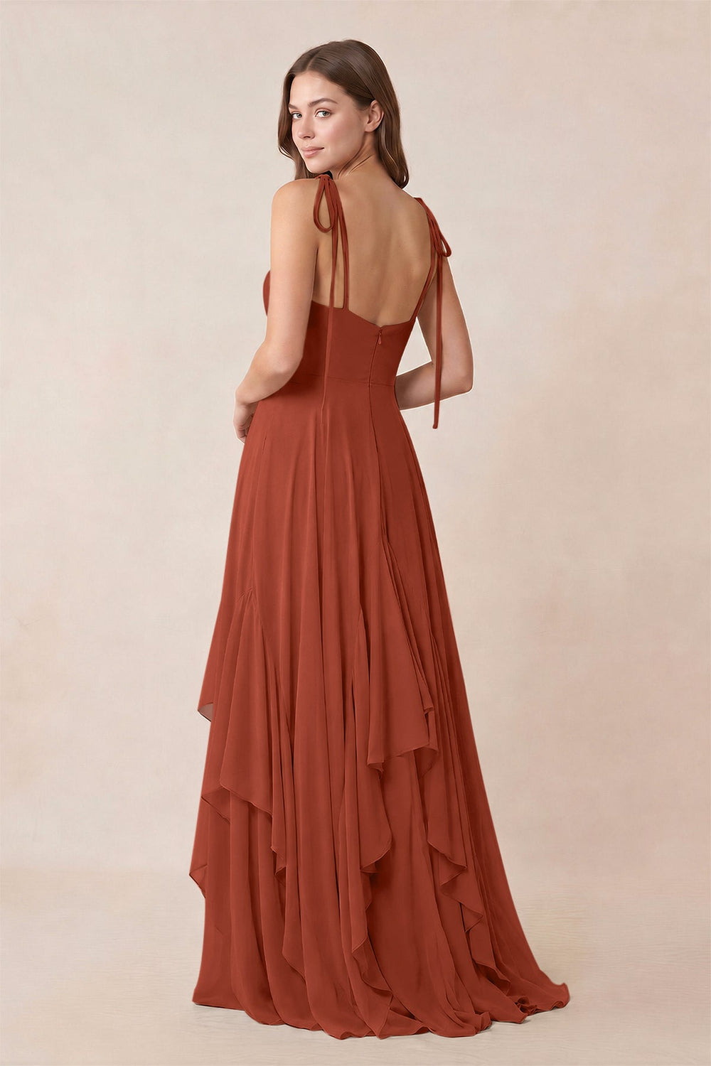 Cami Strap Ruffled A-Line Chiffon Bridesmaid Dress in Spice