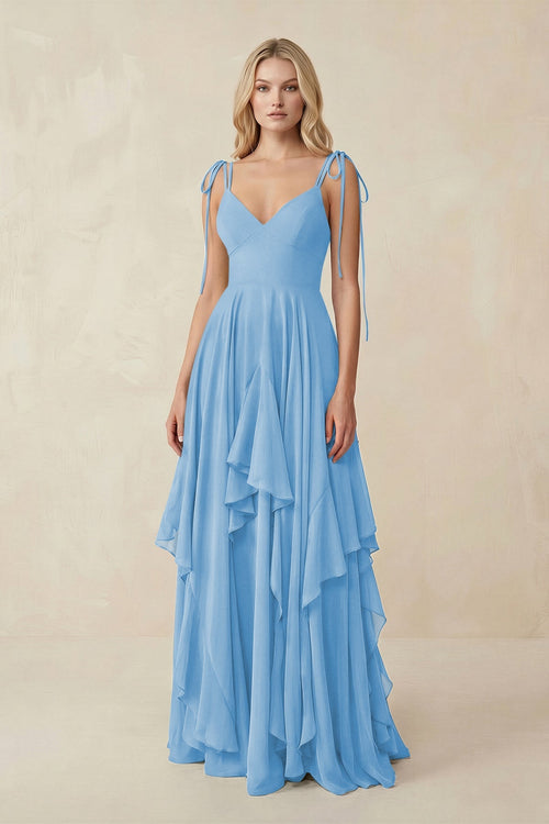Cami Strap Ruffled A - Line Chiffon Bridesmaid Dress in Steel Blue - SHE IS ME Bridesmaid Dresses