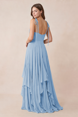 Cami Strap Ruffled A-Line Chiffon Bridesmaid Dress in Steel Blue (2) | KISSBRIDAL