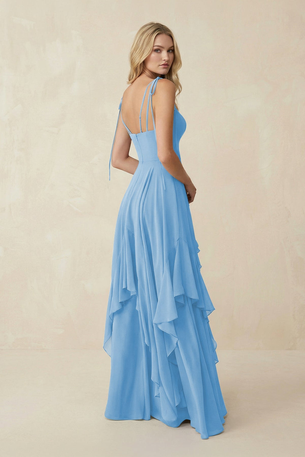 Cami Strap Ruffled A - Line Chiffon Bridesmaid Dress in Steel Blue - KISS BRIDAL Bridesmaid Dresses