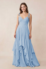 Cami Strap Ruffled A-Line Chiffon Bridesmaid Dress in Steel Blue | KISSBRIDAL