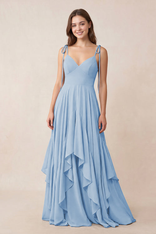 Cami Strap Ruffled A-Line Chiffon Bridesmaid Dress in Steel Blue | KISSBRIDAL