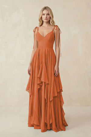 Cami Strap Ruffled A - Line Chiffon Bridesmaid Dress in Terracotta - SHE IS ME Bridesmaid Dresses