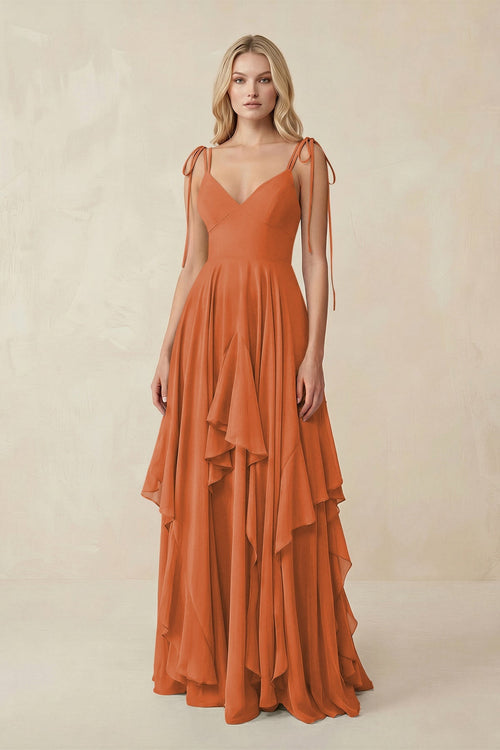 Cami Strap Ruffled A - Line Chiffon Bridesmaid Dress in Terracotta - SHE IS ME Bridesmaid Dresses