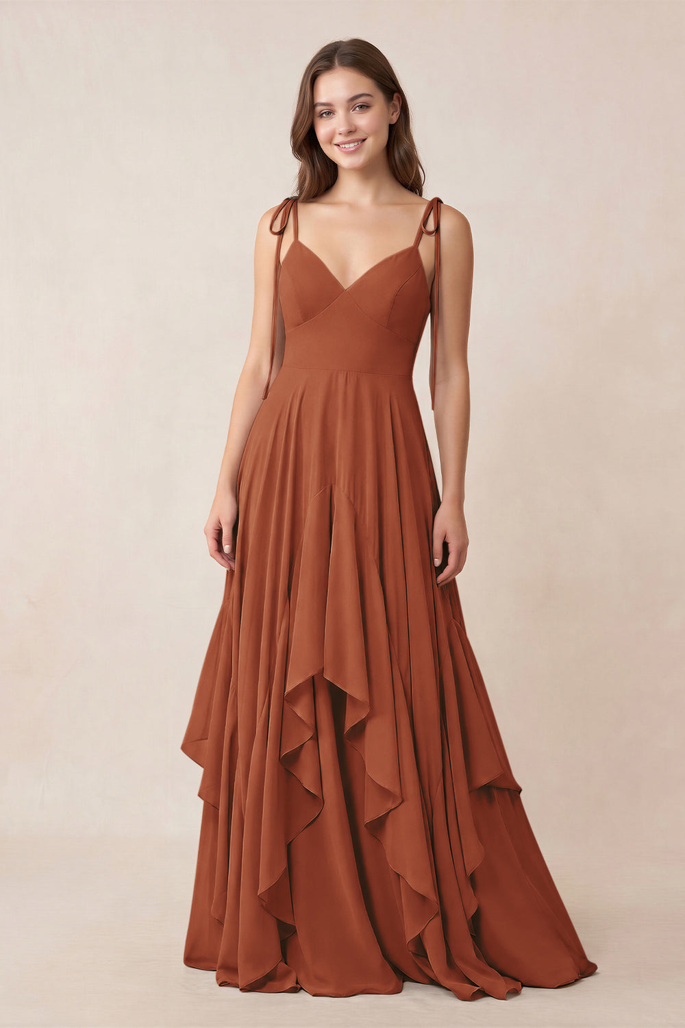 Cami Strap Ruffled A-Line Chiffon Bridesmaid Dress in Terracotta