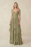 Cami Strap Ruffled A - Line Chiffon Bridesmaid Dress in Thyme - SHE IS ME Bridesmaid Dresses