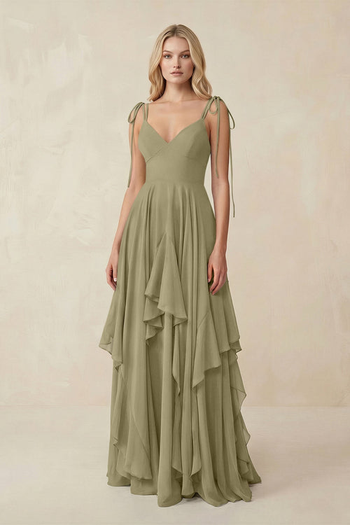 Cami Strap Ruffled A - Line Chiffon Bridesmaid Dress in Thyme - SHE IS ME Bridesmaid Dresses