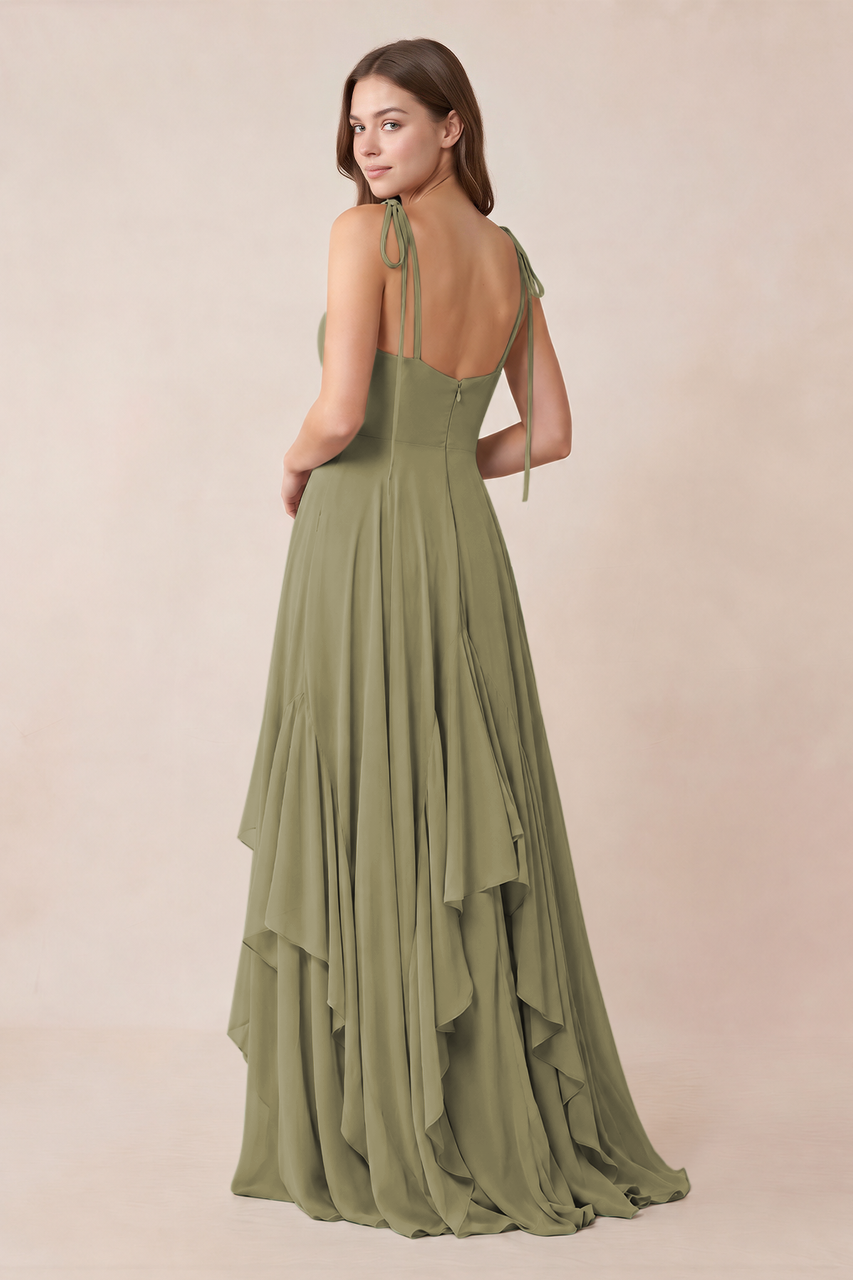 Cami Strap Ruffled A-Line Chiffon Bridesmaid Dress in Thyme