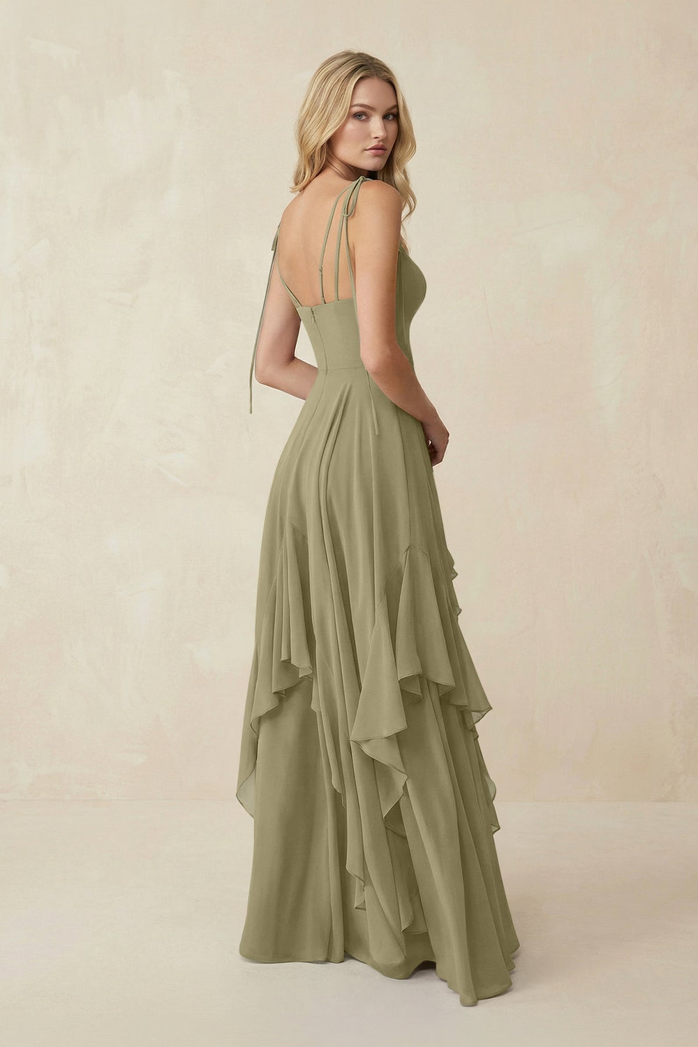 Cami Strap Ruffled A - Line Chiffon Bridesmaid Dress in Thyme - KISS BRIDAL Bridesmaid Dresses