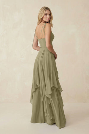 Cami Strap Ruffled A - Line Chiffon Bridesmaid Dress in Thyme - SHE IS ME Bridesmaid Dresses